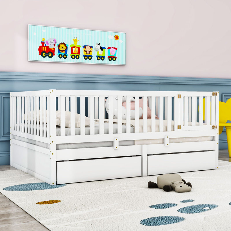 Wood 2 Drawers Floor Bed with Guardrails, Full, White