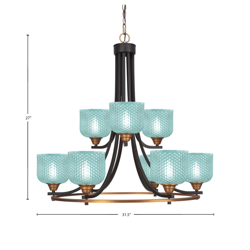 Lustre 9 lumières Allexus en verre turquoise mat noir et laiton 6 po, Noir mat / laiton, Sarcelle