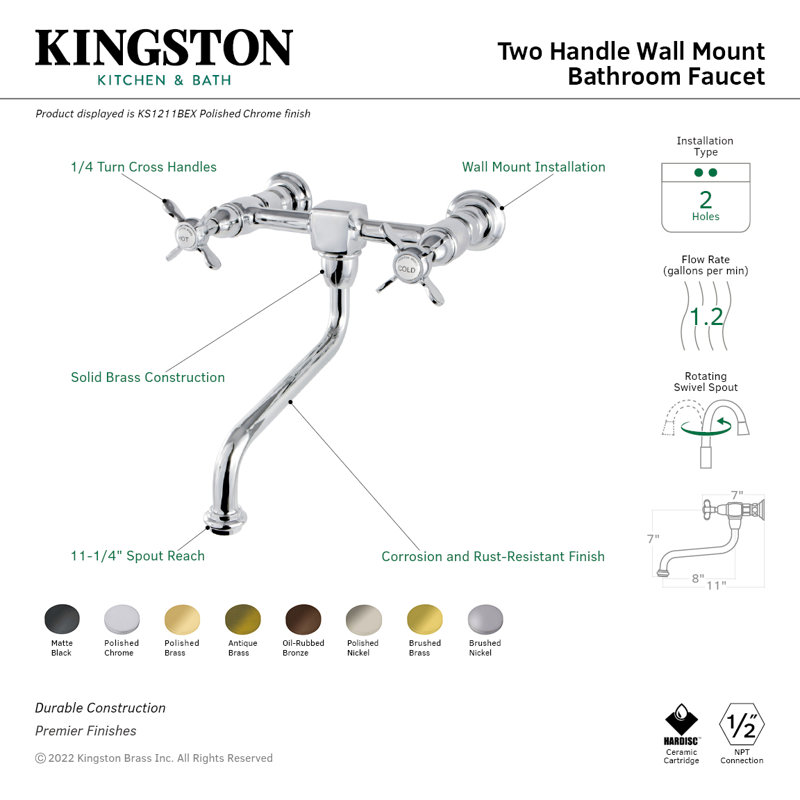 Kingston Brass Essex Two-Handle 2-Hole Wall Mount Bathroom Faucet, Brushed Nickel