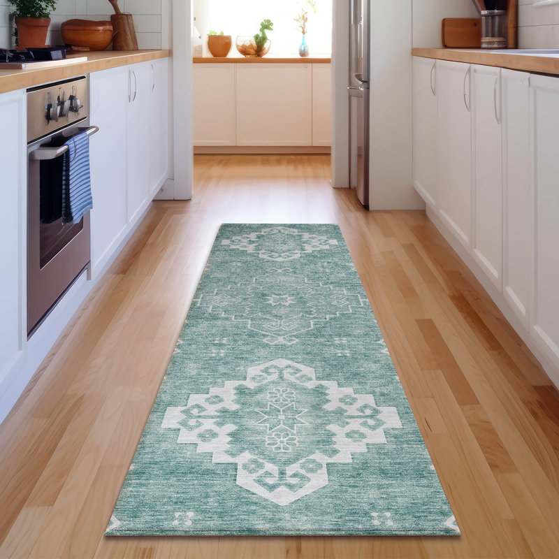 Tapis turquoise Prisco lavable à la machine de qualité supérieure, Tapis de couloir 2 pi 3 po x 7 pi 6 po