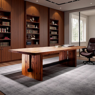 Oak-colored solid wood rectangular office table