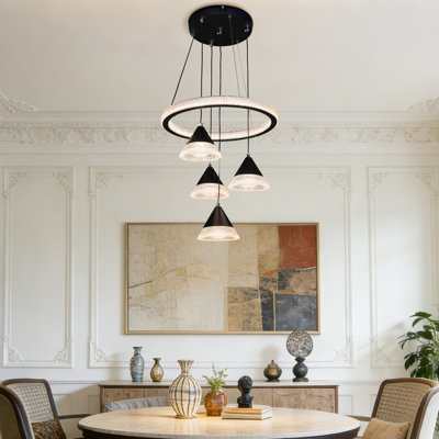 Lustre moderne à DEL avec anneau en cristal et 4 pendentifs coniques, luminaire suspendu à hauteur réglable