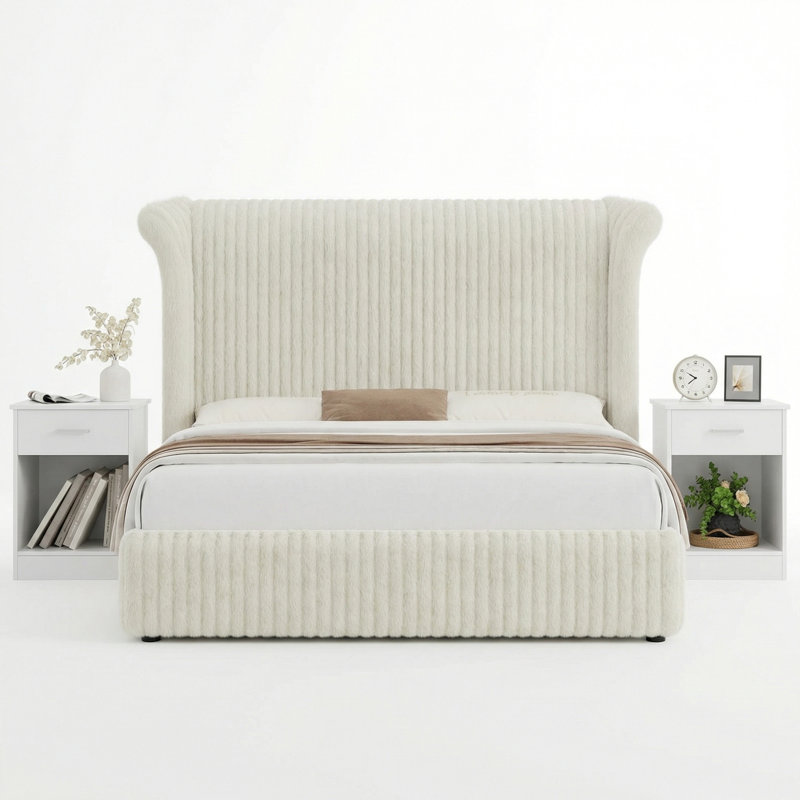 3-piece Bedroom Set, Upholstered Bed Frame With 55" Tall Headboard and 2 Nightstands with Drawers, Beige, Queen