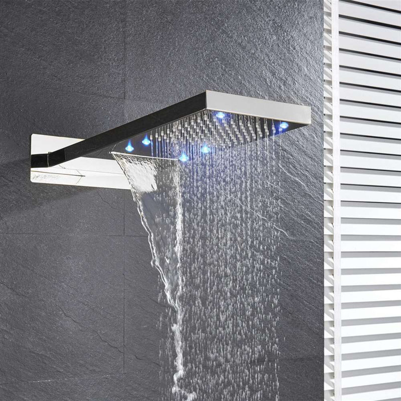 Fontana Ardea 22" LED Chrome Digital Wall Mount Waterfall Rainfall Shower System with Square Handheld Shower and Handle Bar