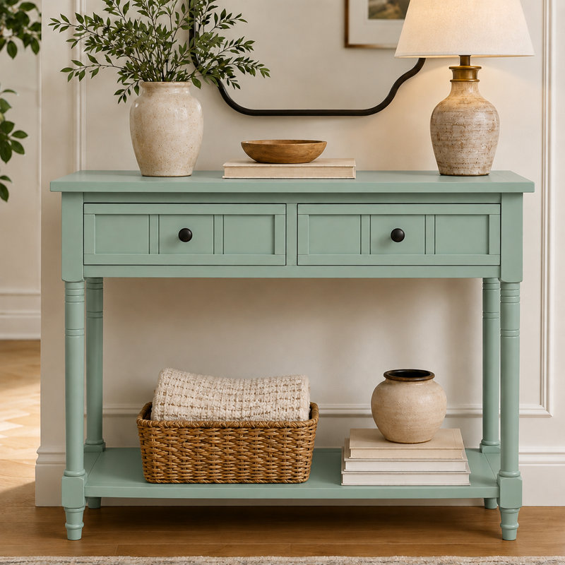 Console de style traditionnel avec deux tiroirs et une tablette inférieure, Vert menthe
