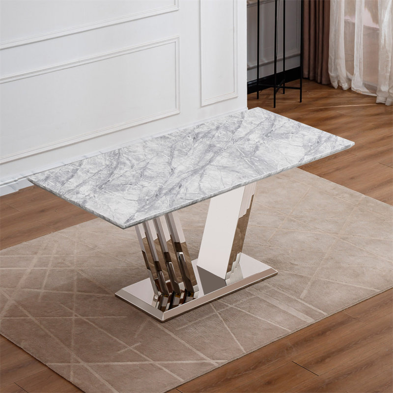 Table de salle à manger en marbre pour 6 personnes, table de salle à manger rectangulaire en faux marbre 70 po avec base en acier inoxydable à finition miroir, table de cuisine moderne en marbre de grande taille (table seulement)