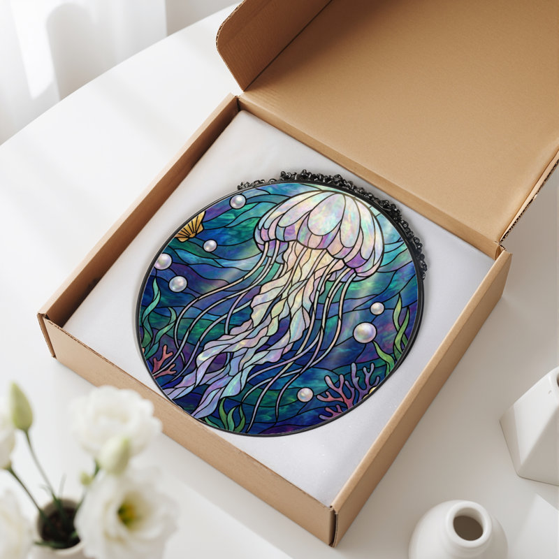 Panneau de vitrail 12 "H Jellyfish Ocean, H 12 po x l 12 po