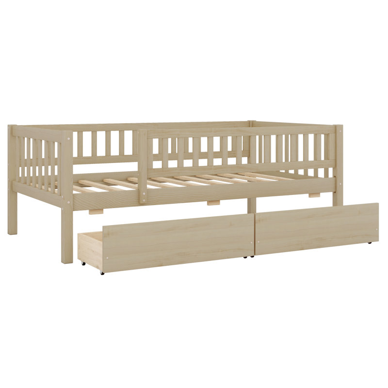 Lit de jour simple en bois avec deux tiroirs, Lit simple, Naturel