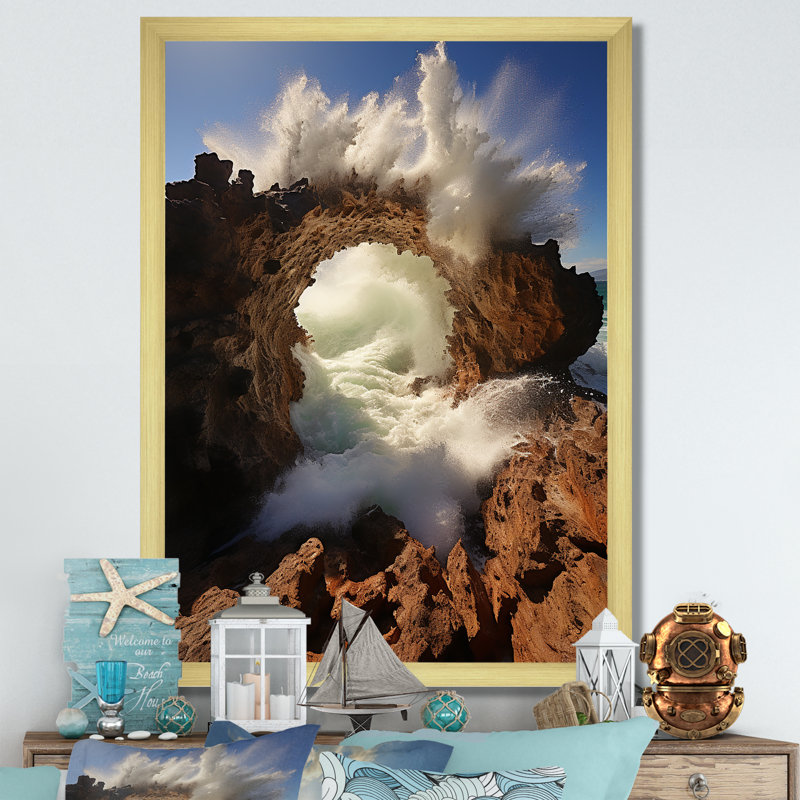 Plage rocheuse avec vagues de falaise - art mural vagues côtières, Cadre photo doré simple, H 32 po x l 24 po x P 1 po