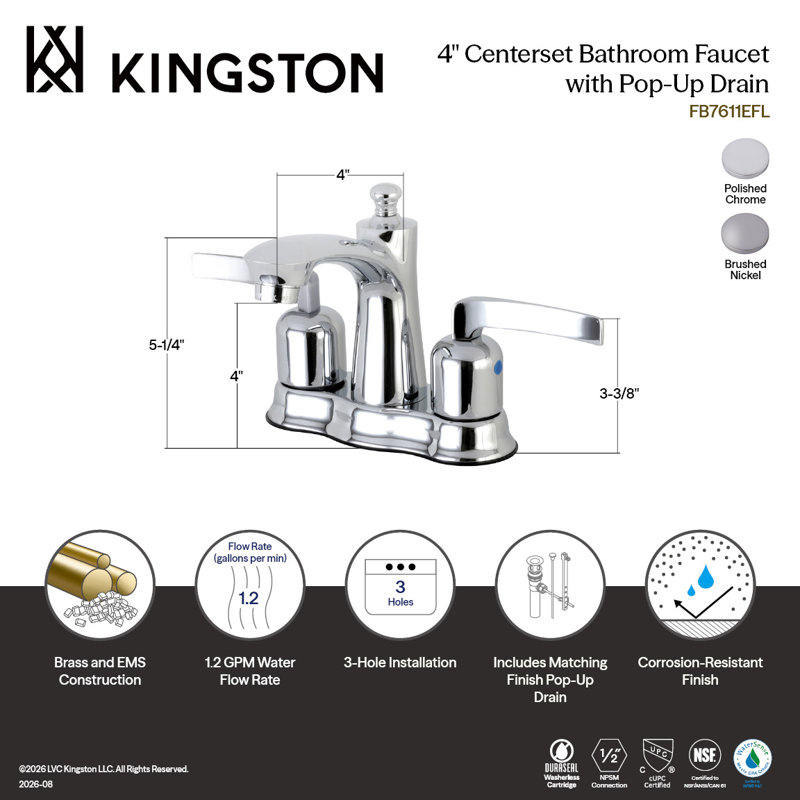 Kingston Brass Centurion Two-Handle 3-Hole Deck Mount 4" Centerset Bathroom Faucet with Plastic Pop-Up, Brushed Nickel