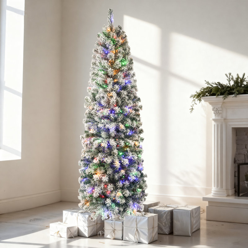 6.5ft Pre-Lit Snow Flocked Pencil Christmas Tree with Multi-Colour LED Lights - Slim Artificial Xmas Tree for Space-Saving Holiday Decor