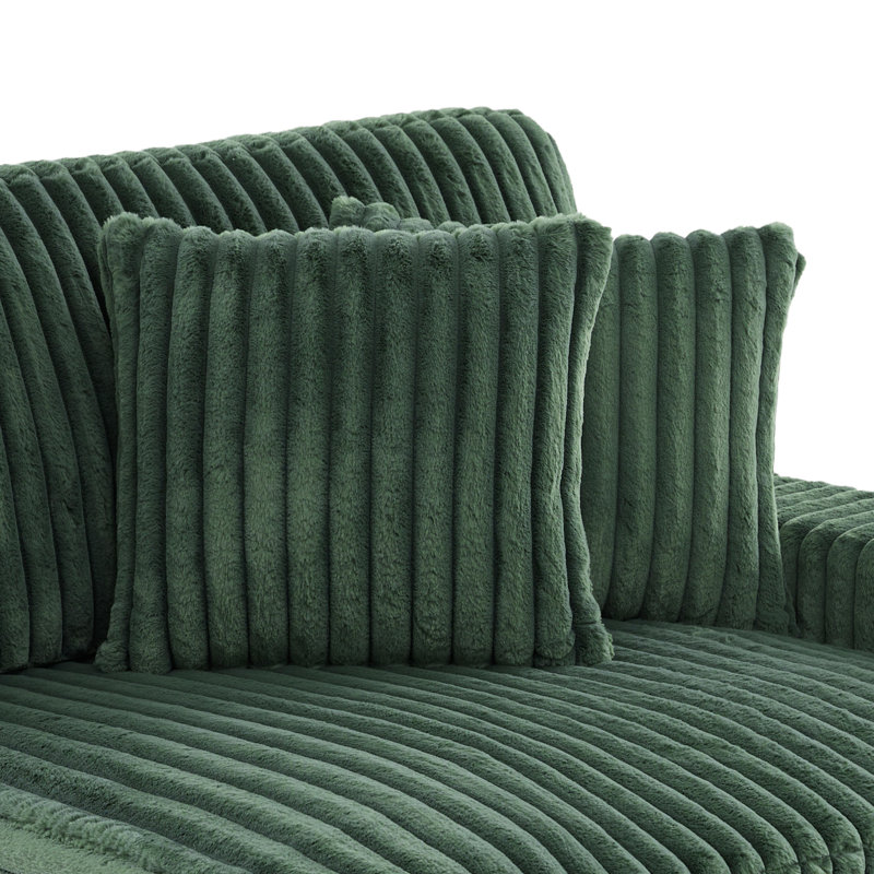Canapé modulaire en flanelle avec accoudoirs et coussins décoratifs Stephania, Imitation fourrure verte