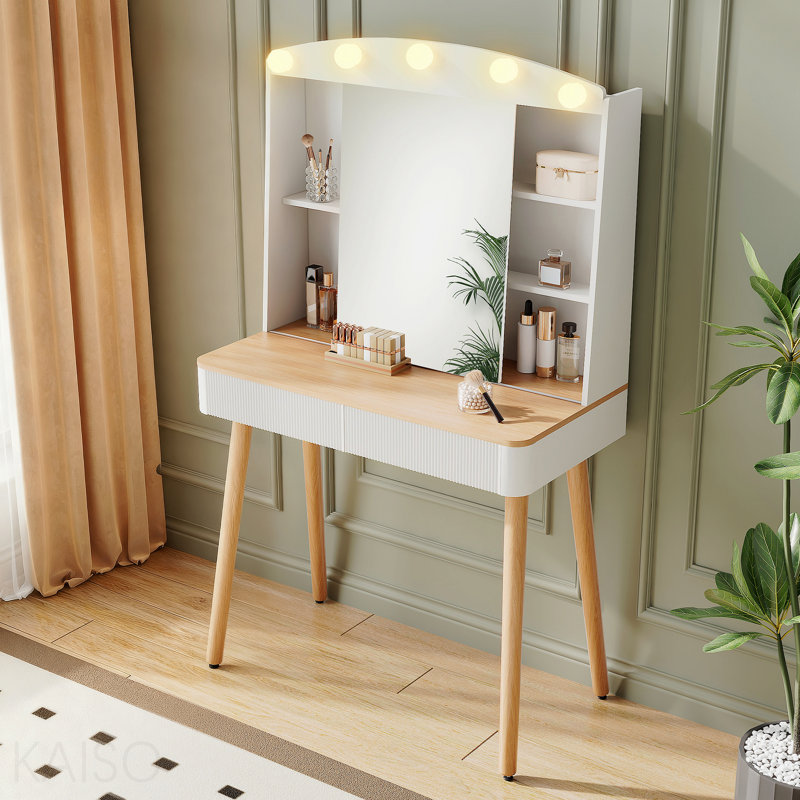 Petit meuble-lavabo avec miroir et lumières, grande capacité de rangement et miroir coulissant, ensemble de meuble-lavabo avec deux tiroirs cannelés, coiffeuse 3 couleurs d'éclairage (blanc)