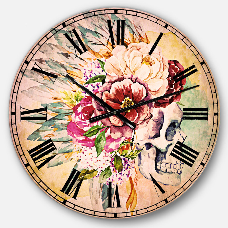 Crâne et fleurs - horloge murale bohémienne, Moyen
