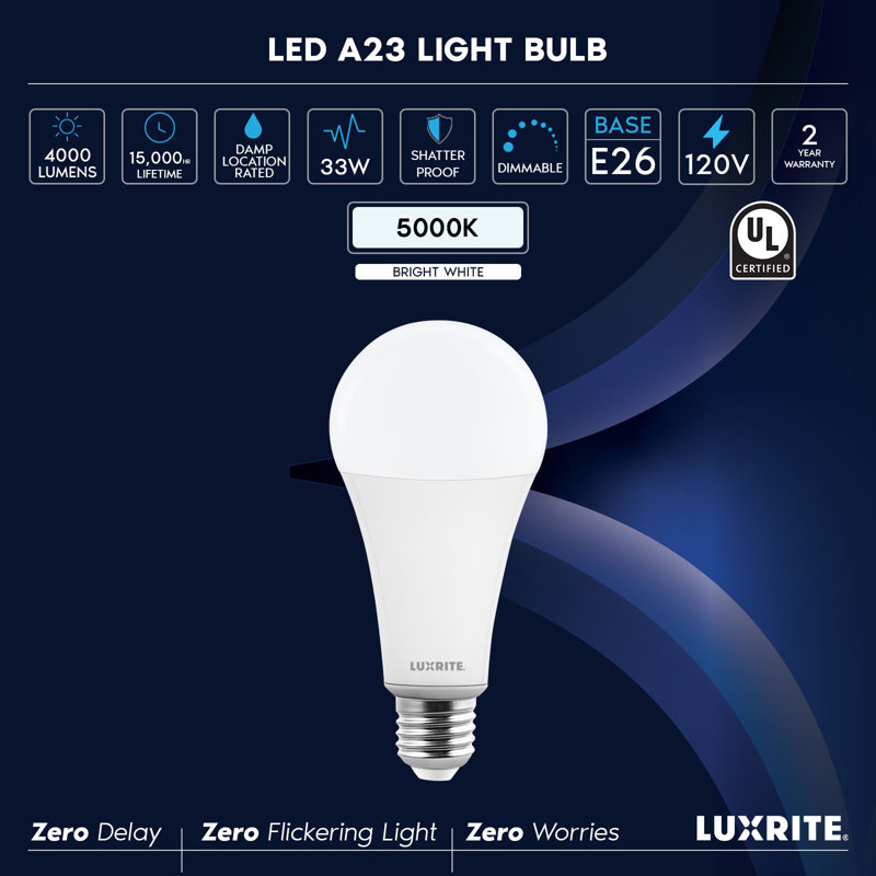Ampoule DEL LUXRITE A23, 33 W, ampoule à culot E26, 4 000 lM, intensité variable, blanc doux 5 000 K, faisceau de 240 °, IRC 80, 120 V, résistant à l'humidité, incassable, homologué UL