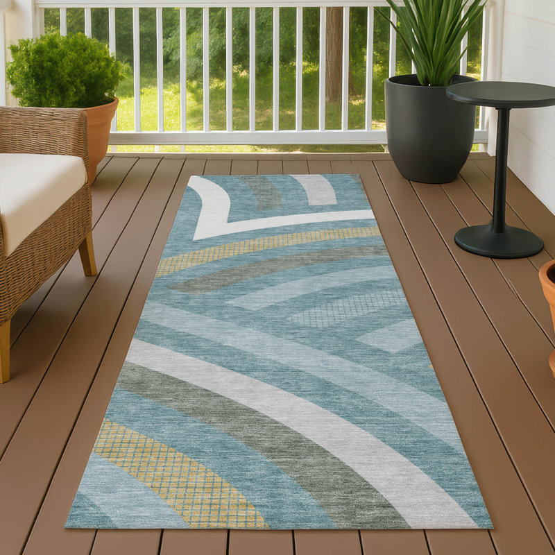 Tapis mid-century moderne lavable à la machine intérieur / extérieur Chantille ACN2467, Sarcelle