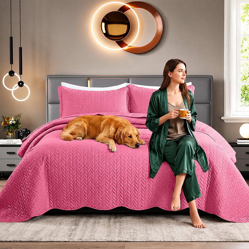 Embossed Microfiber Quilt Coverlet Set, Pink, Twin ( 66 Inc x 86 Inc )