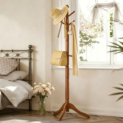 Porte-chapeaux en bois d'hévéa de haute qualité, palette de couleurs brun caramel, rangement à dix crochets, simple et beau, s'adaptant à plusieurs espaces.