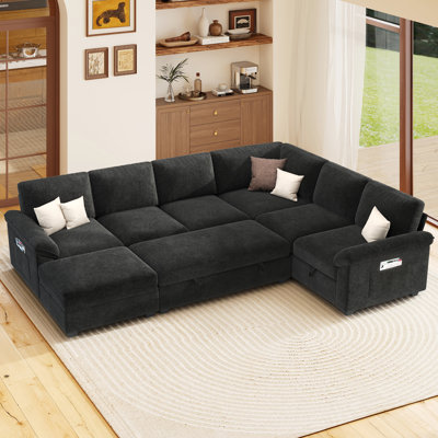Canapé-lit d'angle Belrose 105 po en forme de U, recouvert de lin, avec lit gigogne et rangement double, noir