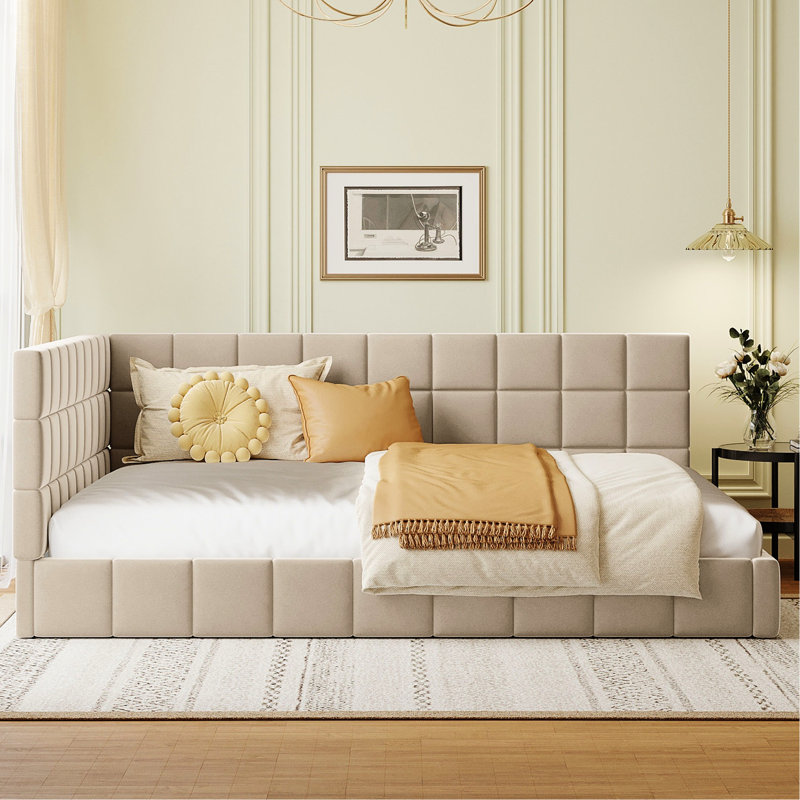 Lit de jour beige rembourré pleine grandeur - Style classique moderne, rehausse la chambre à coucher, avec élégance en velours de lattes, s'adapte à la chambre à coucher, support