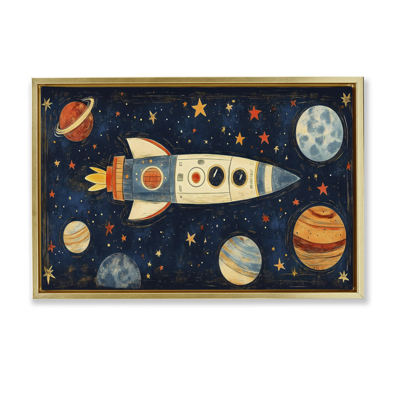 Cadre flottant rétro Rocket & Planets, design by Creative Studio, H 21 po x l 31 po, Cadre flottant métallique doré