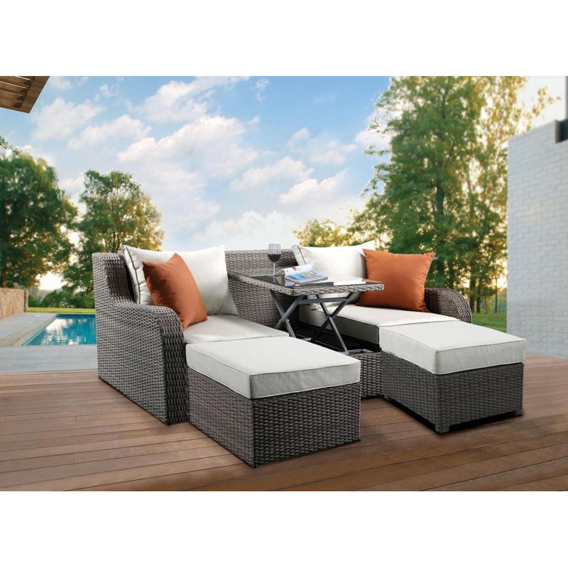 Bitanya 82''L Outdoor Patio Sectional Sofa with 2 Pillows and 2 Ottomans in Beige and Gray