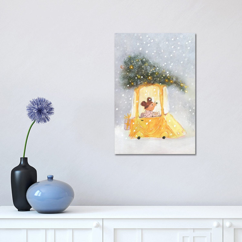 Little Mouse Carrying Chrictmas Tree on the Top of the Car 1 Piece Wrapped Canvas Painting, 30.48 cm H x 45.72 cm W