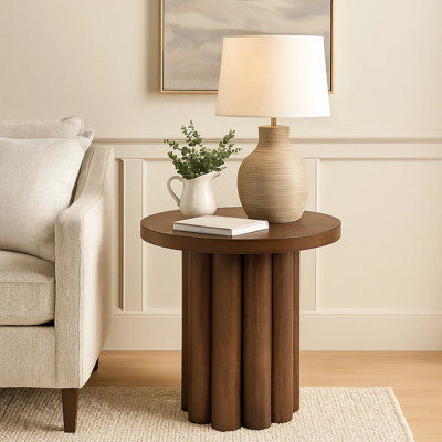 Table de bout latérale Sana, plateau rond de 20 po, base cannelée rustique, brun foncé