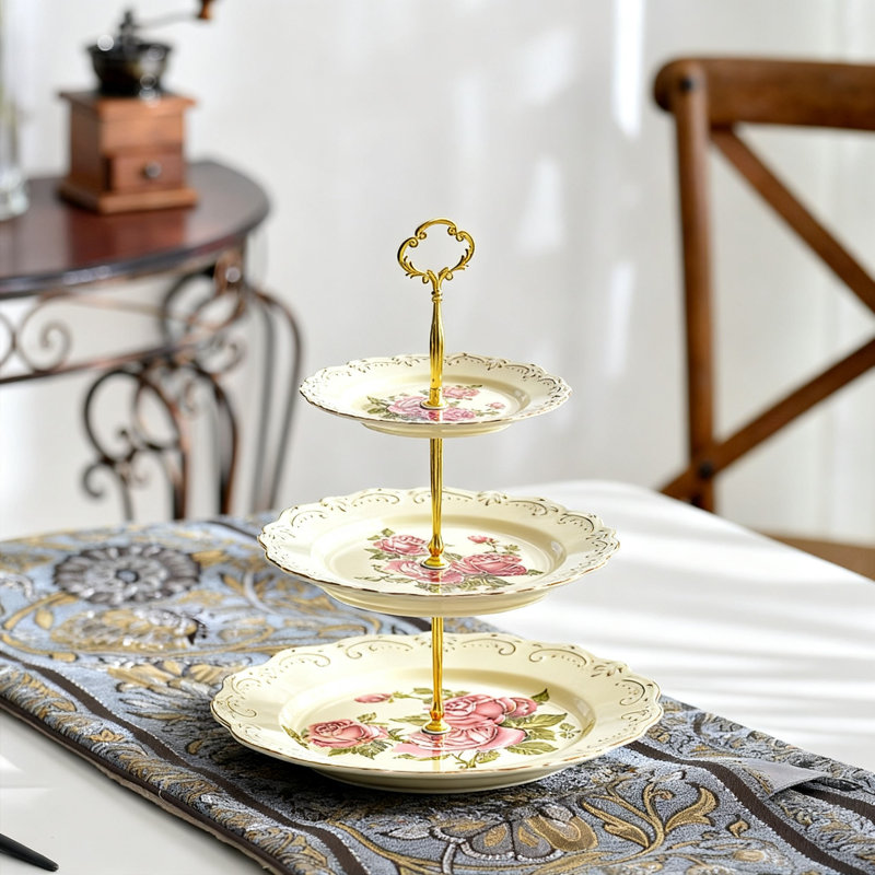 Présentoir à petits gâteaux, tour à pâtisserie à bord gaufré à 3 niveaux, (rose)