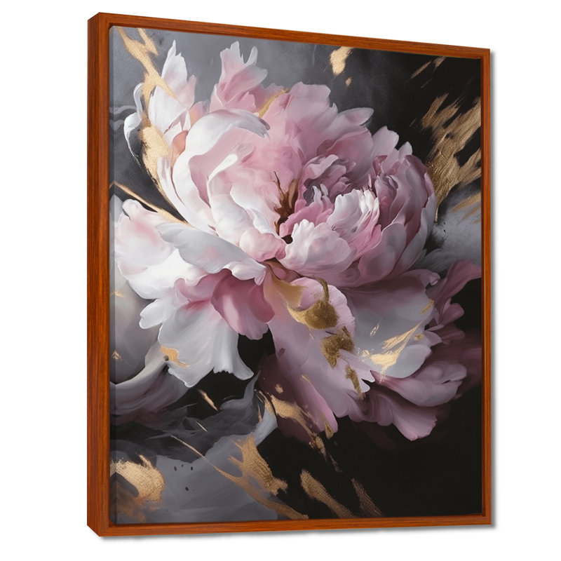Harmonieux rose gris pivoine II - pivoines, art mural, H 40 po x l 30 po, Cadre flottant brun
