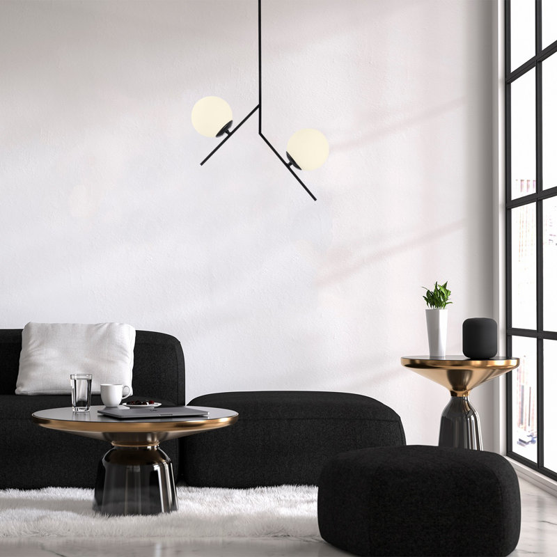 Industrial Scandinavian Chandelier, Black Metal Body, 28.3 x 5.9 inches | Height: 29.1 inches | 2 x E27 Sockets (Max 40W) | Stylish Glass Cap & Durable Design, Perfect for Modern Living Spaces & Dining Areas