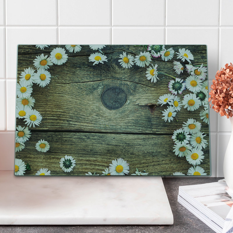 Ambesonne Rustic Cutting Board Large Size Spring Daisy Weathered Look Multicolor