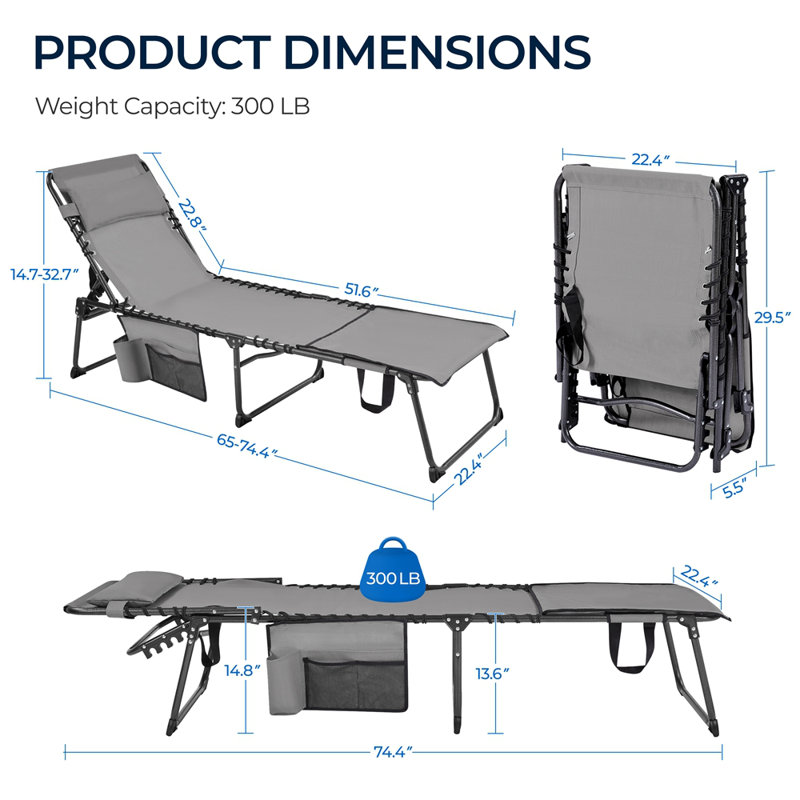 Chaise longue de plage portative pliante pour l'extérieur avec trou pour le visage et 5 positions réglables, Gris