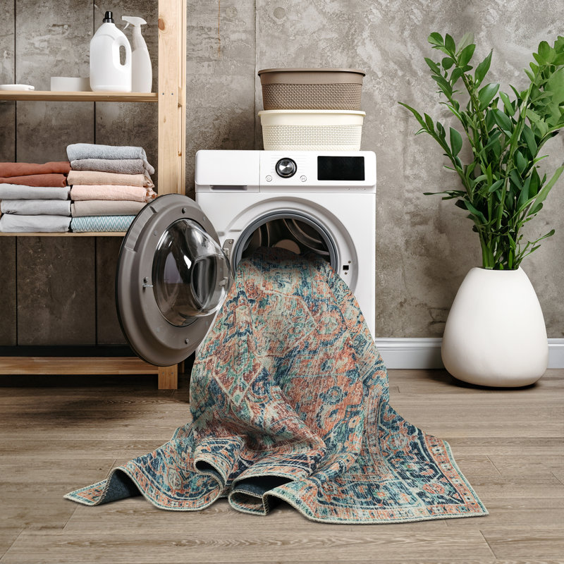 Washable Non-Slip Area Rug - Blue Green / Tangerine Traditional Oriental Area Rug, Runner 2'6" x 10'