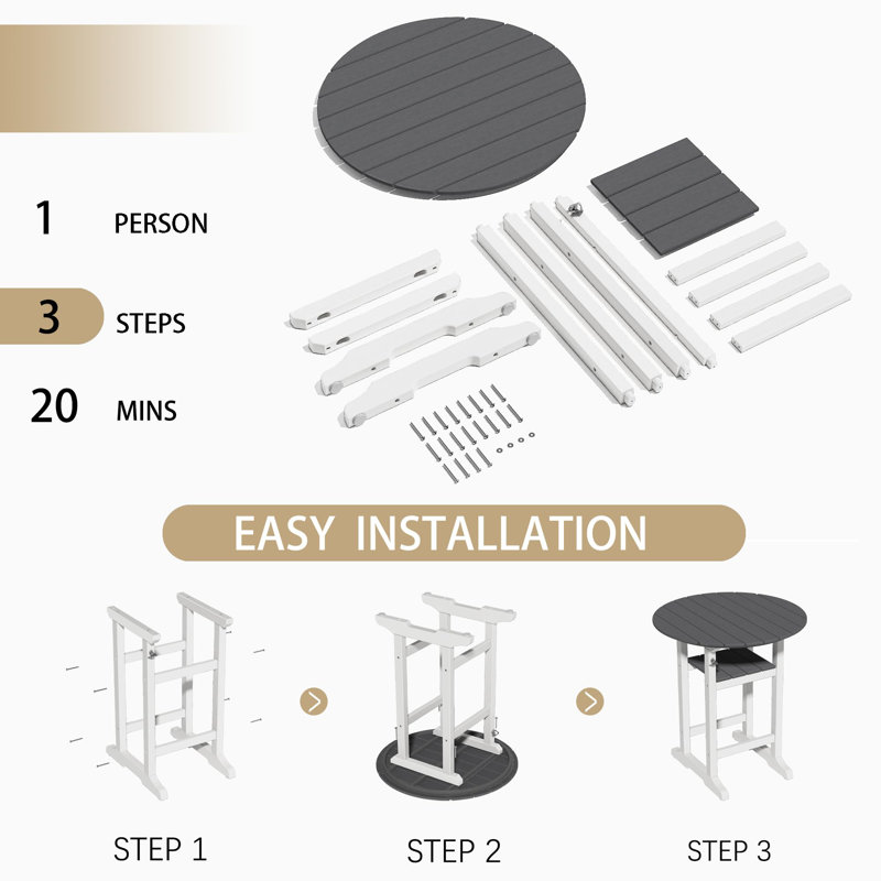 Table de bar 34 po Hdpe, Gris / Blanc