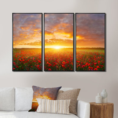 «Poppy Field sous Bright Sunset», ensemble de 3 reproductions encadrées sur toile