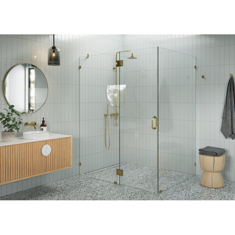Halo 58 in. x 47 in. x 78 in. 90-degree Fully Frameless Glass Hinged Shower Enclosure, Polished Brass