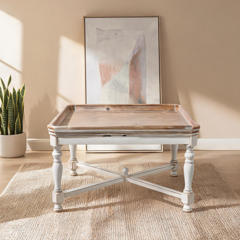 Table basse carrée en bois avec base blanc propre et plateau naturel, table de 33 pouces de style plateau pour le salon