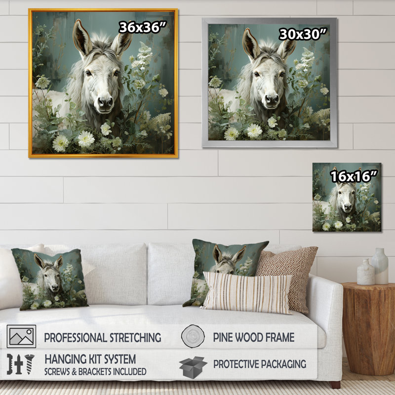 Farmhouse Donkeys Flower Charm II - âne, art mural, Cadre flottant blanc, H 16 po x l 16 po x P 1 po