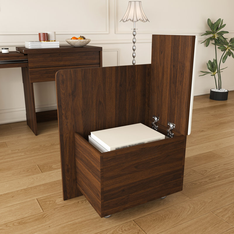 Bureau extensible multifonctionnel, bureau pliable de 119 cm, table de maquillage avec miroir, 3 modes d'utilisation, équipé d'un tabouret avec fonction de rangement, convient pour la chambre, l'appartement (Noyer)