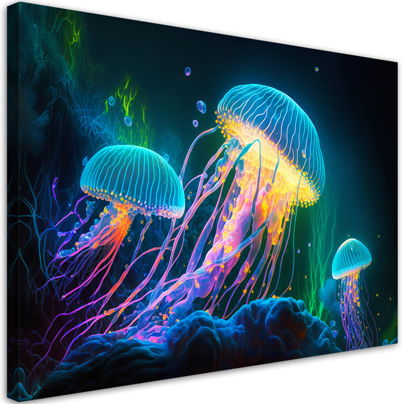 Neon Jellyfish Underwater - No Frame Print on Canvas, 70cm H x 100cm W