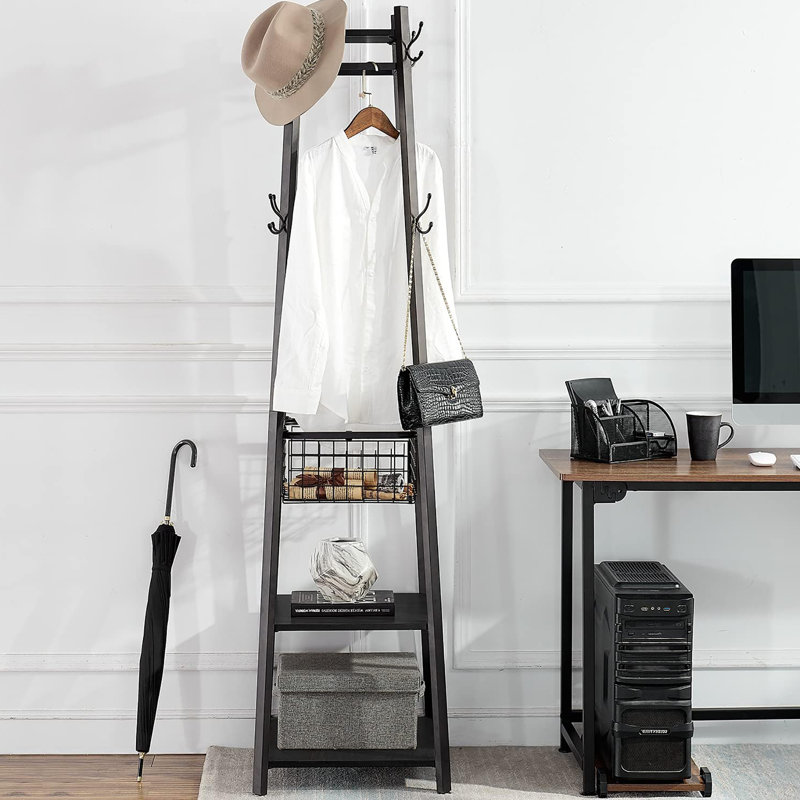 Portemanteaux de style industriel amélioré: 2 tablettes, panier en métal et 8 crochets doubles, Noir mat