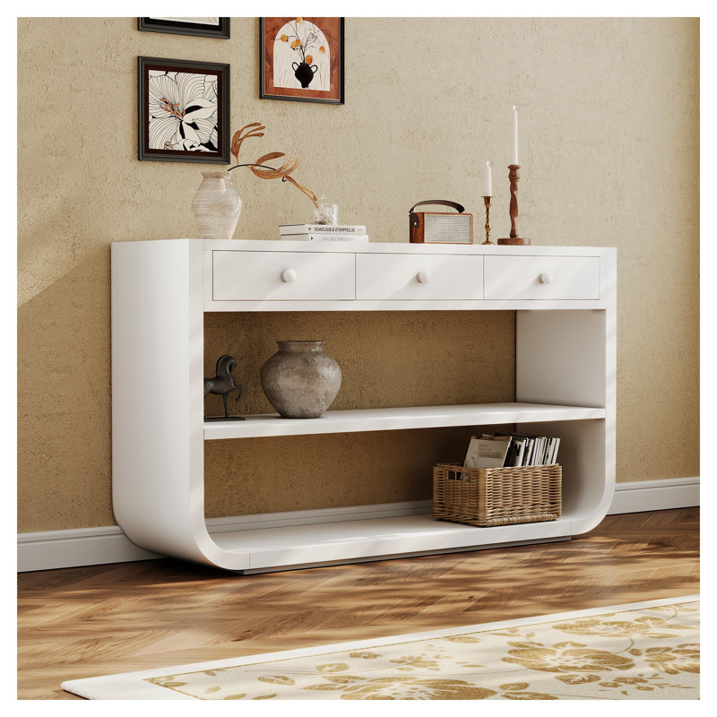 Table console moderne avec 3 tiroirs à fermeture en douceur, panneau de fibres à densité moyenne blanc et pin, White