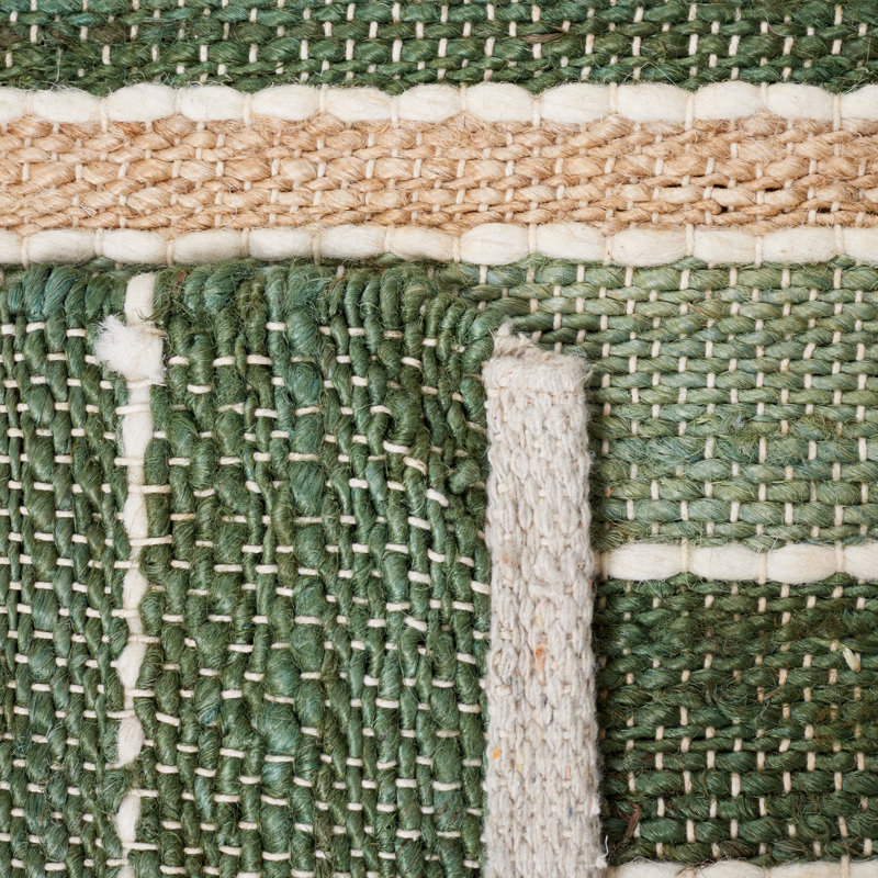 Geissler Hand Woven Jute/Cotton/Wool Striped Rug in Green/Natural, Square 6'6"