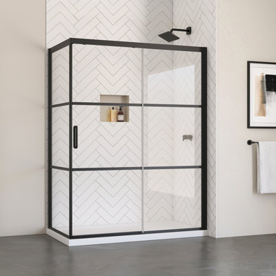 Atlas 32" W x 60" H Black Matte Framed Shower Enclosure with Fixed Panel and Base Included