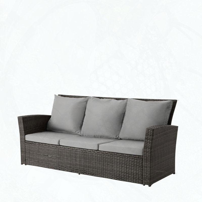 67.7" 3-Seat All-Weather Wicker Patio Sofa with Thick Gray Cushions, Black Frame, Gray