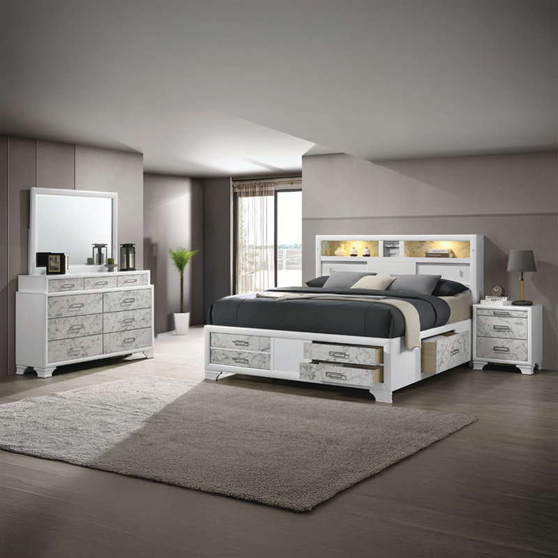 Ensemble de chambre à coucher 4 pièces, Grand, Quatre pièces : lit, table de chevet, commode et