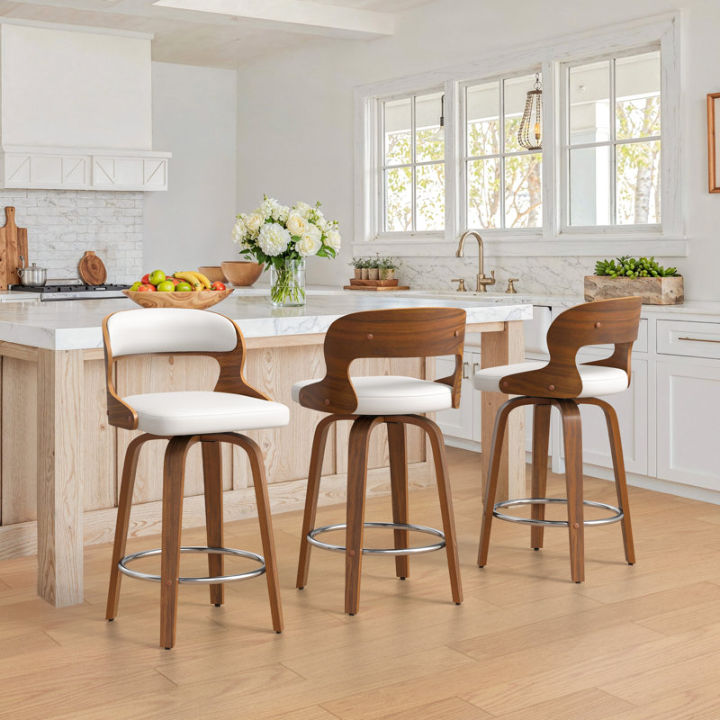 26'' Swivel Counter Stools with Faux Leather Upholstery and Walnut Wood Grain Finish （Set Of 3）, White Seat/Walnut Frame