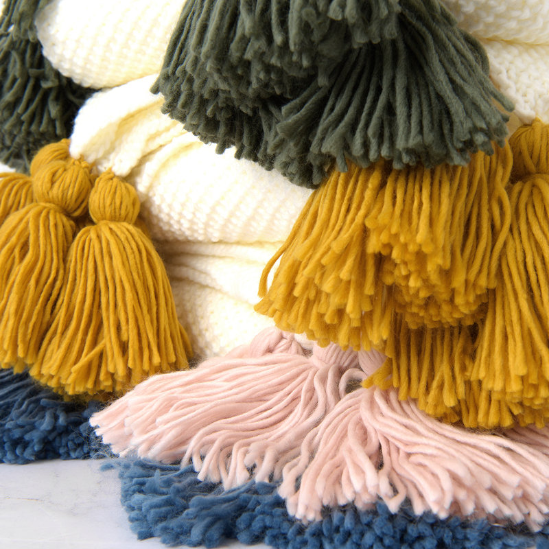 Mustard and Cream Acrylic Knit Throw with Tassels