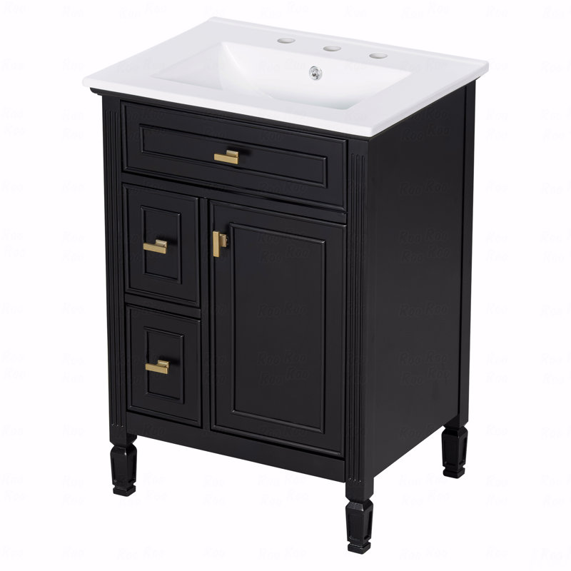 24-" Bathroom Vanity With Sink, Solid Wood And Mdf Cabinet With One Flip Drawer, Two Standard Drawers, And Adjustable Shelf, Freestanding Black Vanity